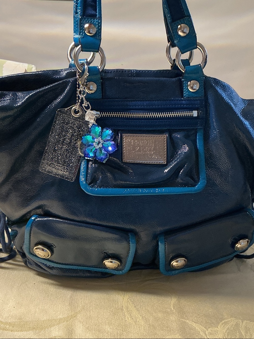 COACH, POPPY SPOTLIGHT Blue Patent Tote Handbag with Floral Charm